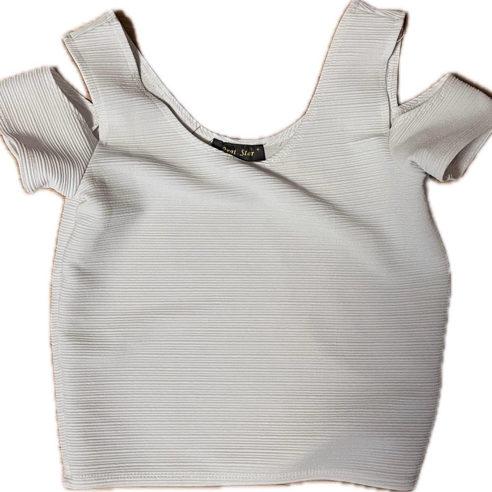 Y2K Brat Star ribbed Crew Neck Short Sleeve with Cold Shoulder sz M - Picture 4 of 4